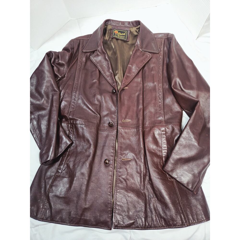 Vtg 70s Reed Sportswear L Burgundy Buffalo Leather Jacket Insulated Lined